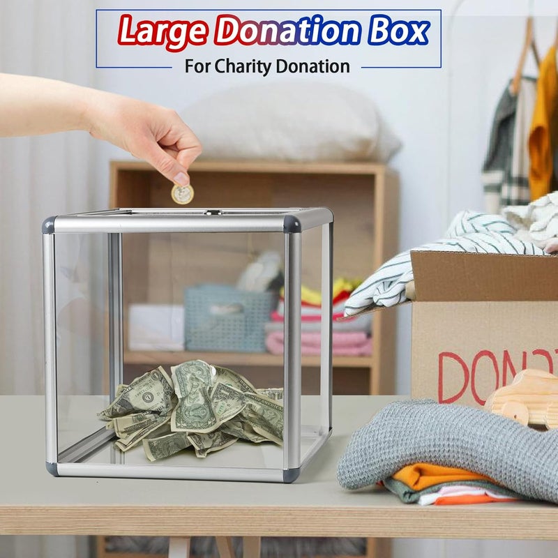 Craflakow Large Donation Box with Lock, Acrylic Ballot Box with Slot 10 x 10 x 10 Inch, Suggestion Box with Lock Cash Storage Container for Fundraising Voting Charity Contest Tip - Image 2